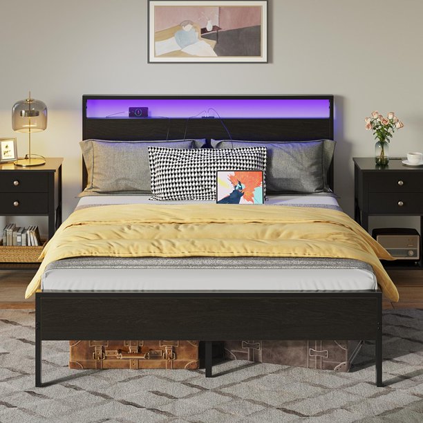 Rolanstar Metal Platform Bed Frame with Charging Station and LED