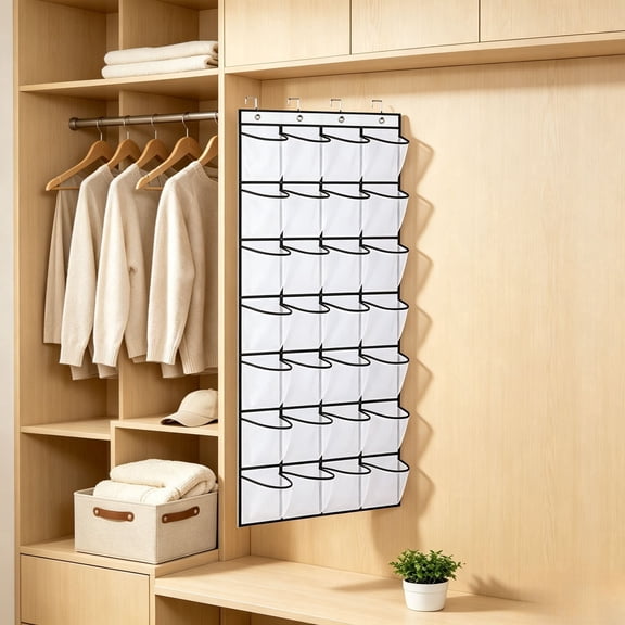 28 Pocket Over The Door Shoe Organizer – Hanging Storage Rack with 4 Metal Hooks for Closet, Bathroom, Bedroom, and Entryway, White