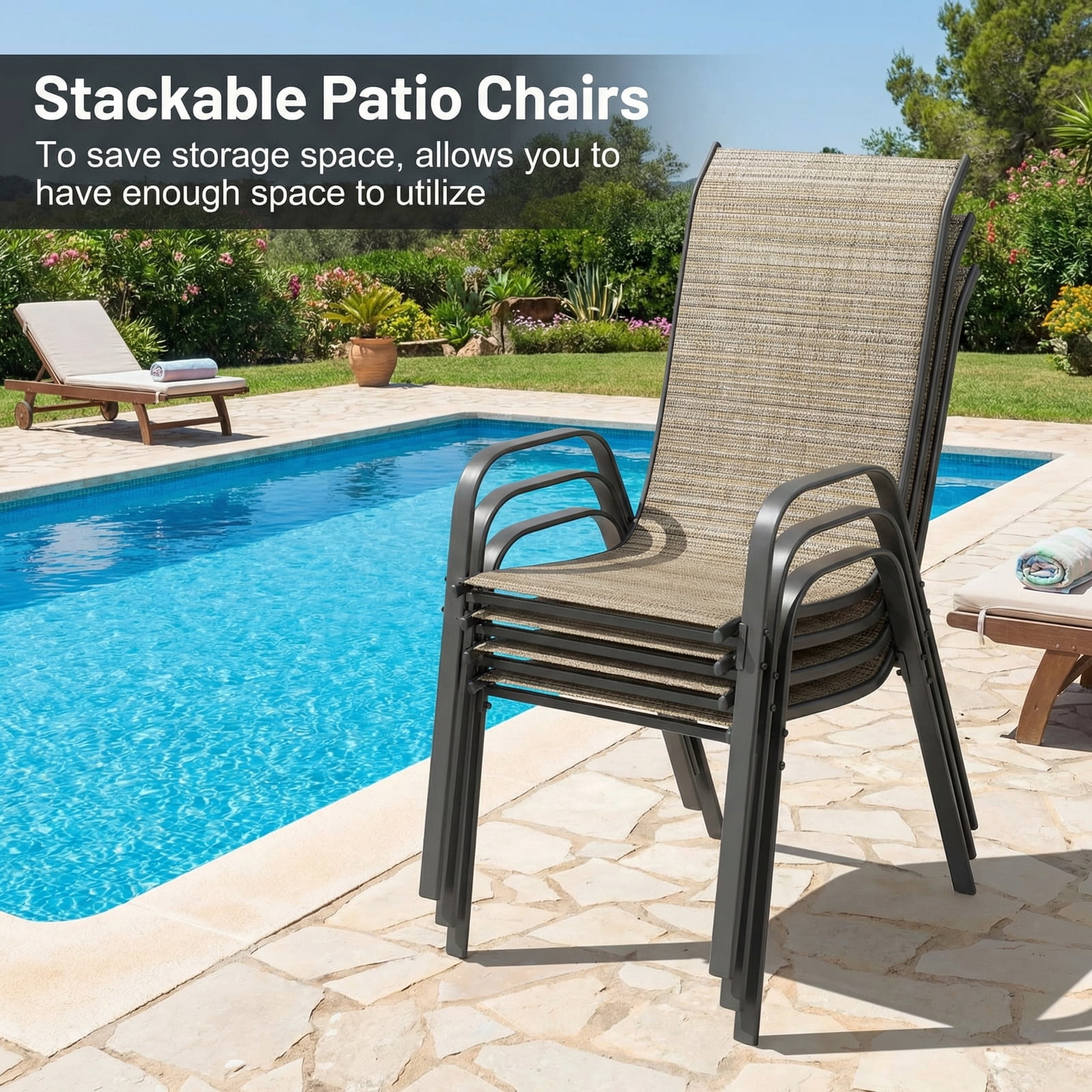 TLSUNNY Outdoor Dining Chairs Set of 4, Patio Dining Chairs w/ Wide Breathable Seat & Metal Frame, Stackable for Poolside, Garden, Backyard, 330lbs