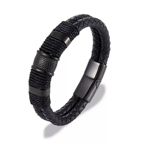 Double Layer Woven Leather Rope Bracelet for Men in 3 Lengths, Black, 7.5 in