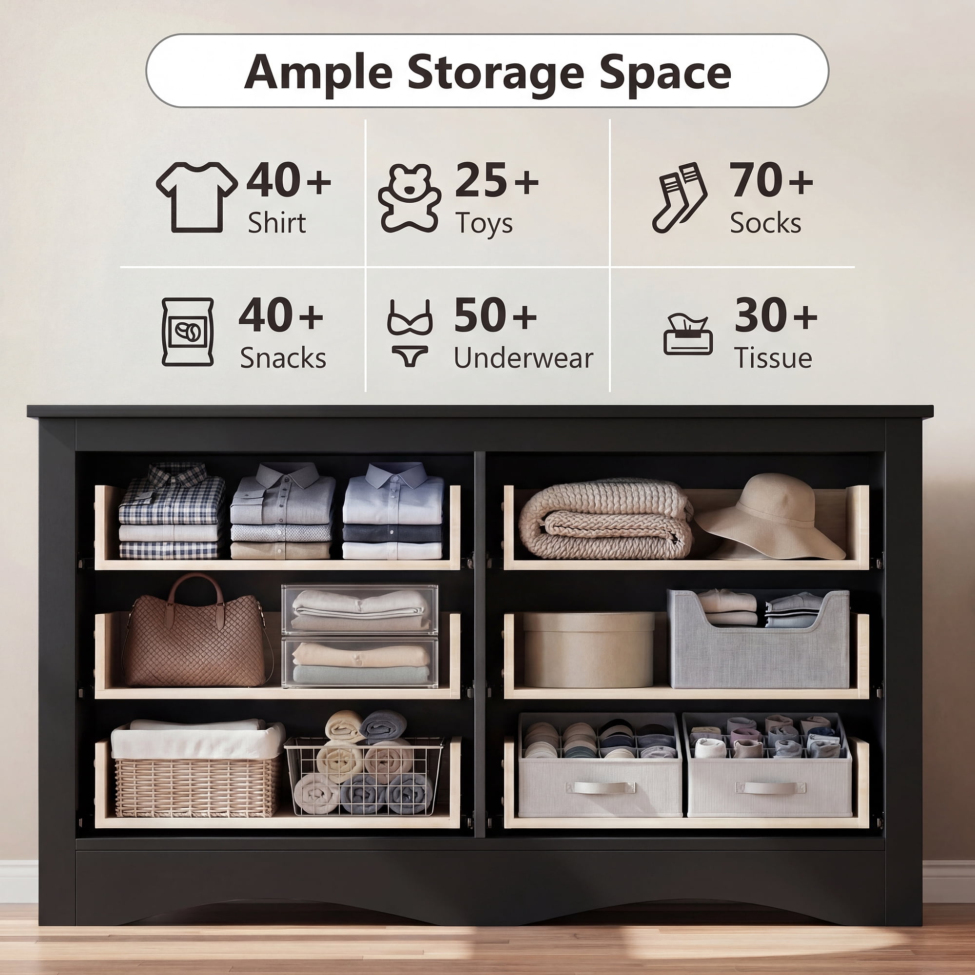 Homall 6 Drawer Dresser for Bedroom, Wood Double Chest of Drawers with Metal Handles, Wide Storage Cabinet Organizer for Living Room, Black