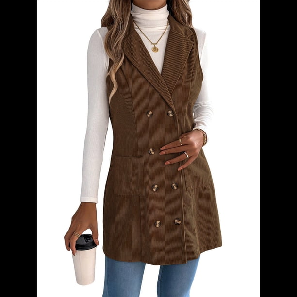 Vestido de Mujer Color Caqui con Bloques de Color, Otoño, Larga, Rayas, Blazer Falso para Mujer. Café XL