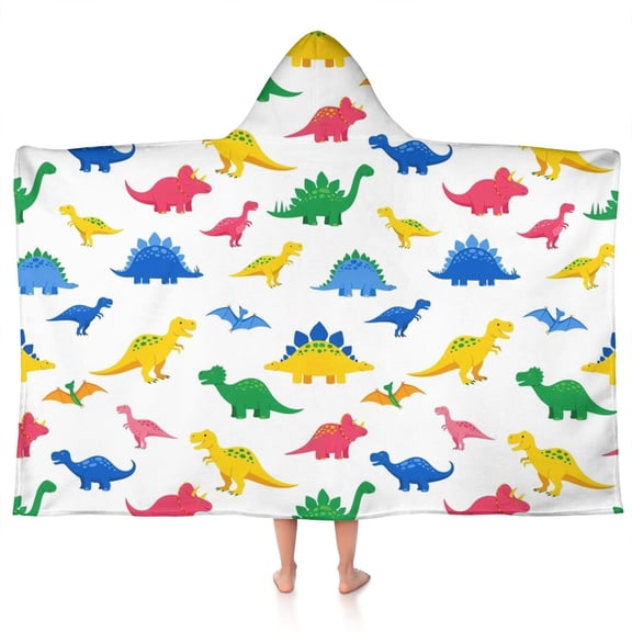 White Colorful Dinosaurs Pattern Hooded Bath Towel,50"x30" for Ages 3 To 12 Kids, Quick Dry Lightweight Soft Microfiber Hood Beach Towel Cover Up for Kids