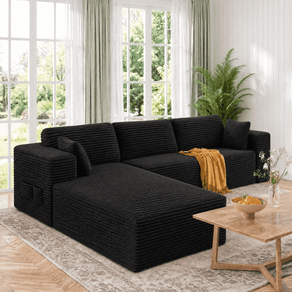 Asofer 105" Cloud Sectional Boneless Couches, Modular L Shaped 3 Seater Sofa with Deep Seat & Side Pockets, Memory Foam Compressed, for Living Room, Black