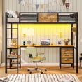 thumbnail image 3 of Twin Size Loft Bed with Desk & Charging Station & LED Lights,Metal Bed Frame with LED Lights & Charging Sation, 3 Drawers, 2-Tier Storage Shelves, Safety Guard & Ladder,Black, 3 of 10