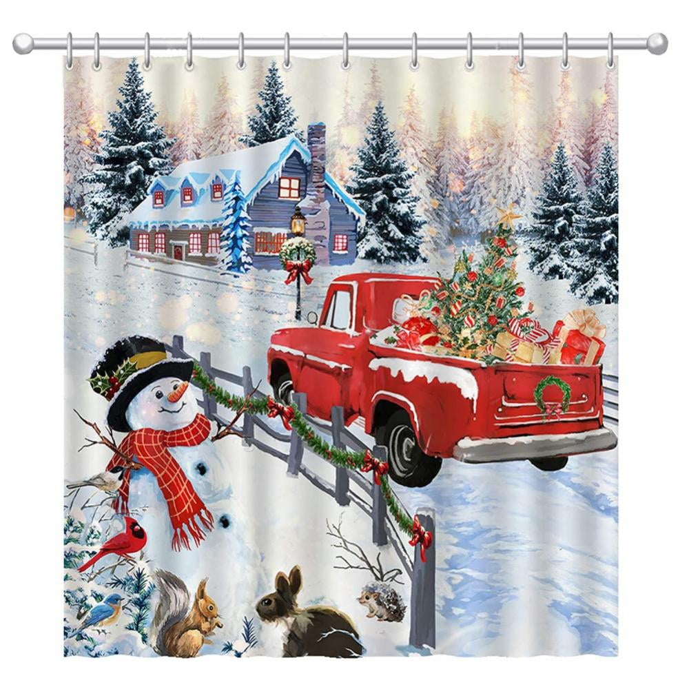 71" Red Truck Christmas Tree Snowman Birds Shower Curtain Sets Bathroom Decor 