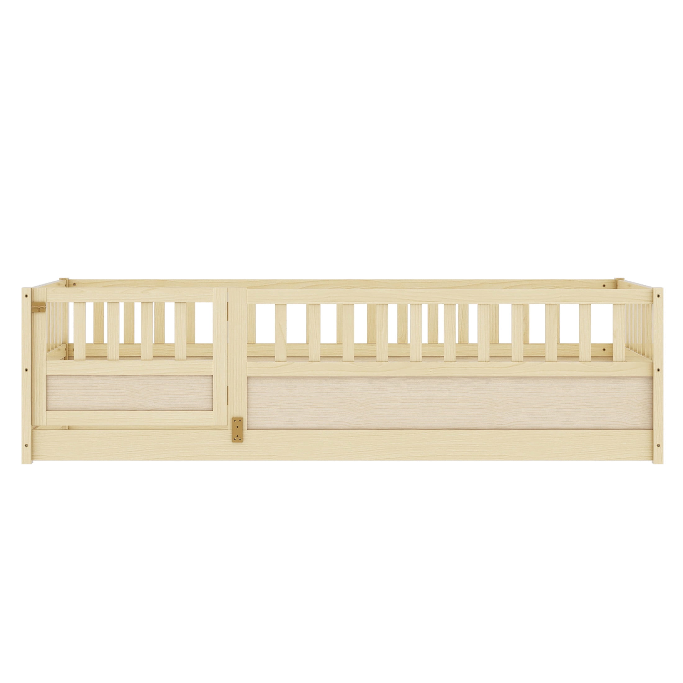 Noble House Twin Size Montessori Floor Bed with Safety Guardrails and Door, Wood Kids Bed Frame, Natural Wood