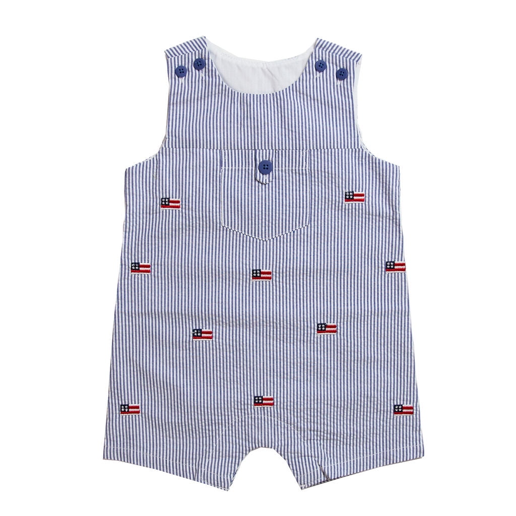 Good Lad Newborn//Infant Boy Blue Seersucker Smocked Shortall Set with Nautical Embroideries