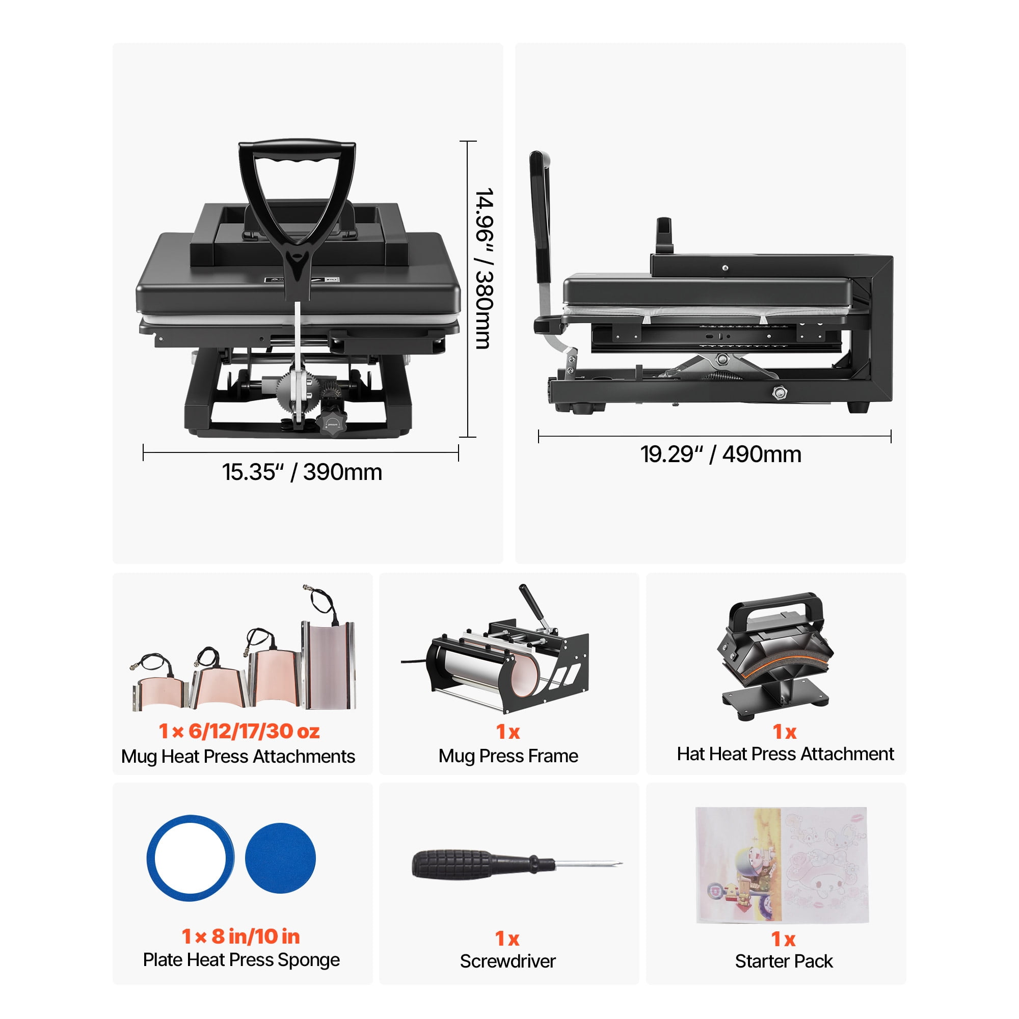 KFFKFF 15 x 15 Inch Heat Press Machine, 8-in-1 Multifunctional Design, Quick and Even Heating, User-Friendly Controls, Sublimation Machine for T-shirts, Mugs, Tumblers, Caps, and Plates, Black
