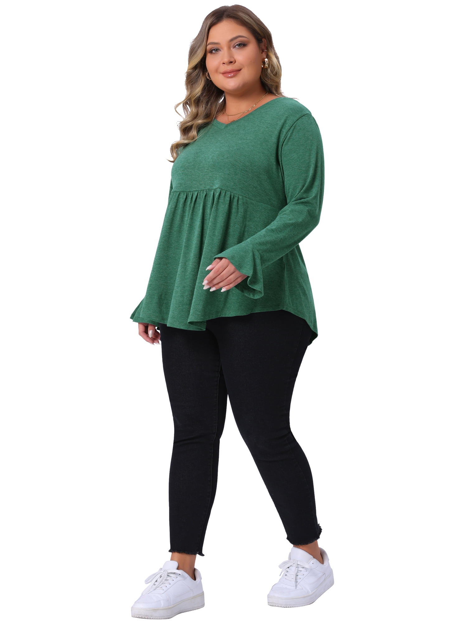 Women's Plus Long Sleeve Shirts Flared Sleeves Pullover Dressy Casual Peplum Tops 1X Green