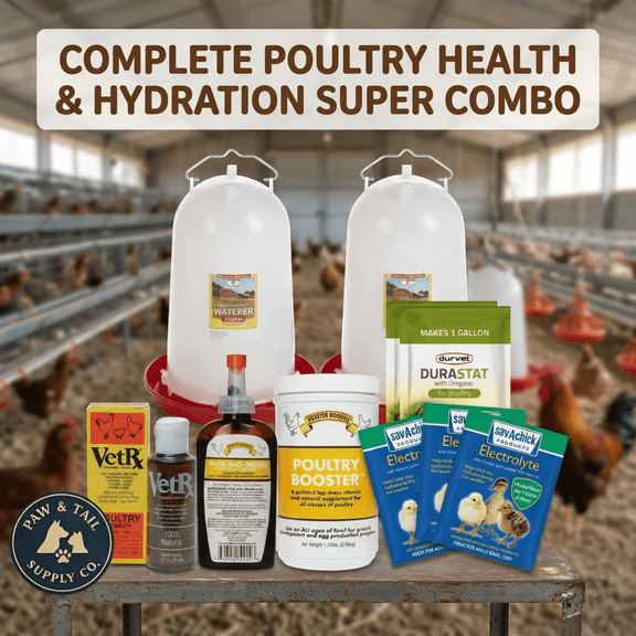 Poultry Health & Hydration Super Combo Kit – 3 Gallon Drinkers, Vitamins, Oregano, Pick-No-More & VetRx