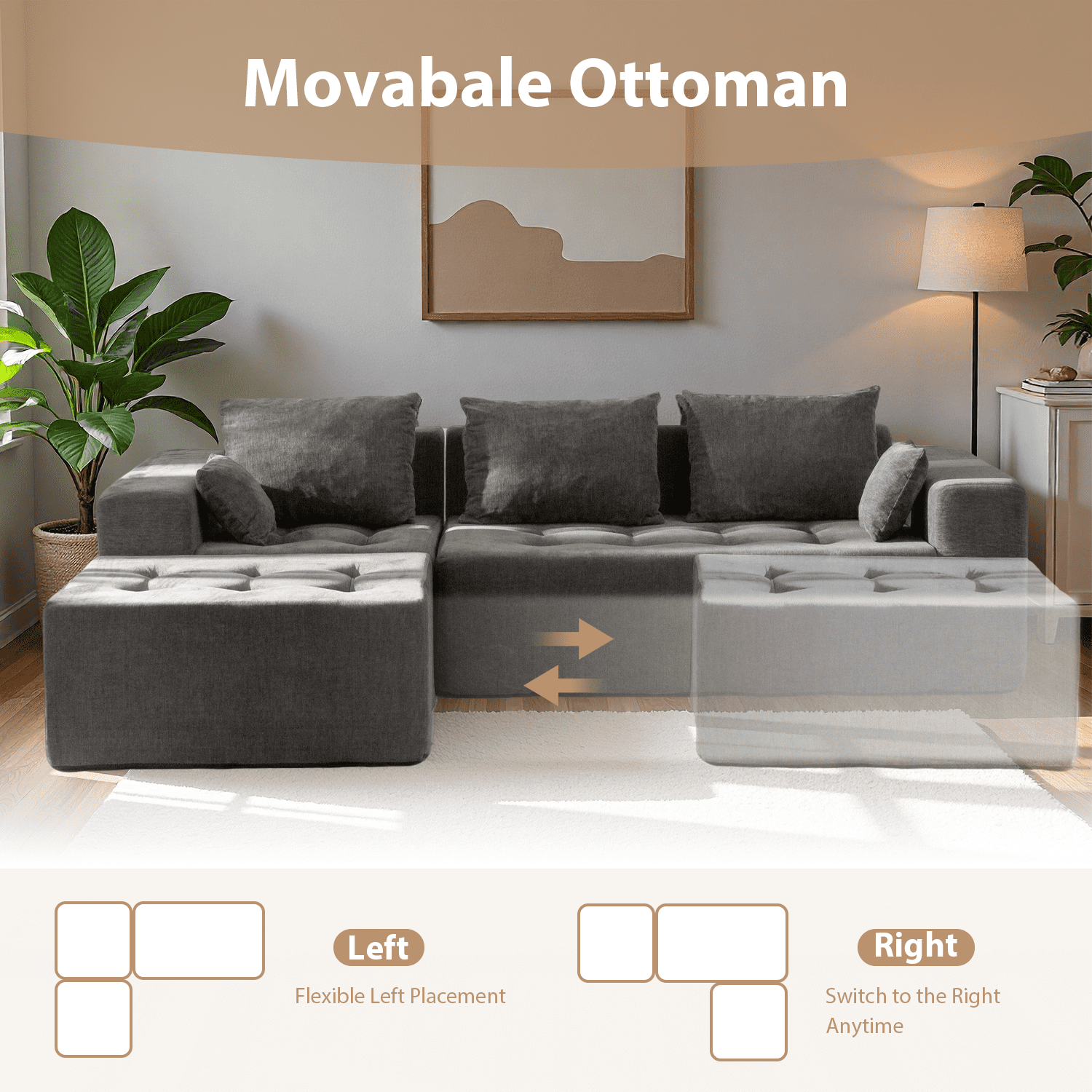 BYBYME Cloud Sectional Couch with L-Shape Chaise Modern Comfy Modular Chenille Sofa for Living Room,Tufted 4-Seat Sleeper Chair with 1 Ottoman,Sofa in A Box,No Assembly Required,Grey