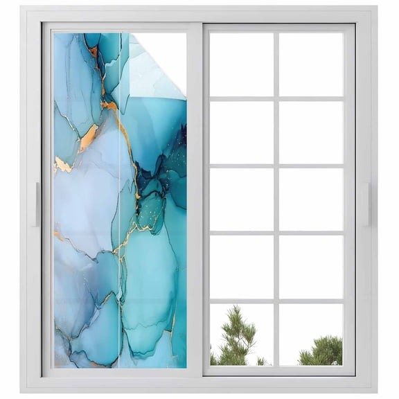 Reusable Frosted Window Coverings, Teal Blue Marble Window Privacy Film Frosted, Modern Abstract Art Marble Crack Sun Blocking Windows Stickers for Kitchen Front Door, 23.6 x 59 Inches