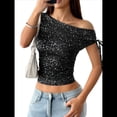 thumbnail image 2 of Blusas de Lentejuelas Brillantes de un Solo Hombro para Mujer, Blusas Asimétricas Fruncidas con Brillo, Camisas de Fiesta con Brillo Que Adelgazan. Negro S, 2 of 10