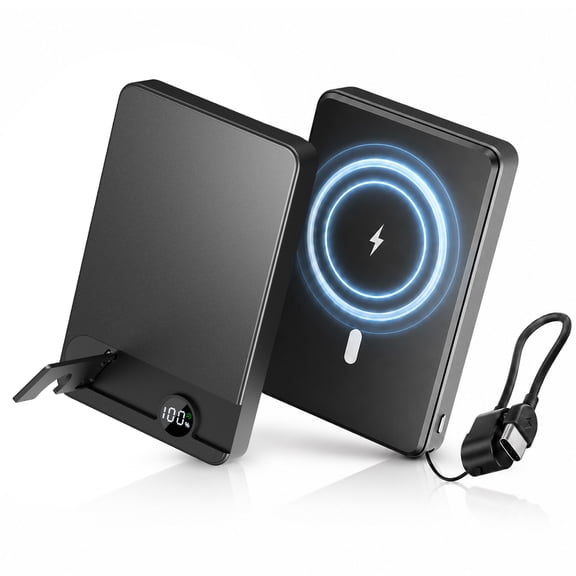 Magnetic Power Bank 10000mAh, 20W Fast Charging Wireless Power Bank, Portable Charger With a folding stand and Portable Fast-Charging Cable, Compatible with iPhone 17/16/15 Series, Samsung, Android