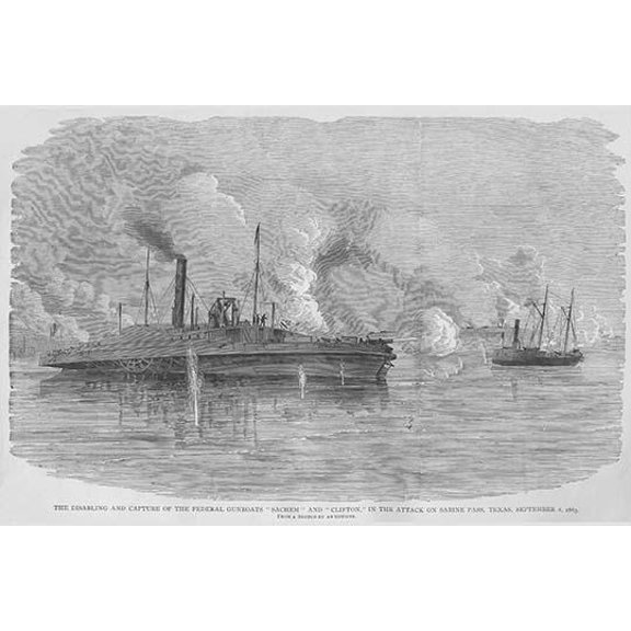 Confederates at Sabine Pass capture s Federal Gunboats "Sachem" & "Clifton"-Fine Art Canvas Print (20" x 30")