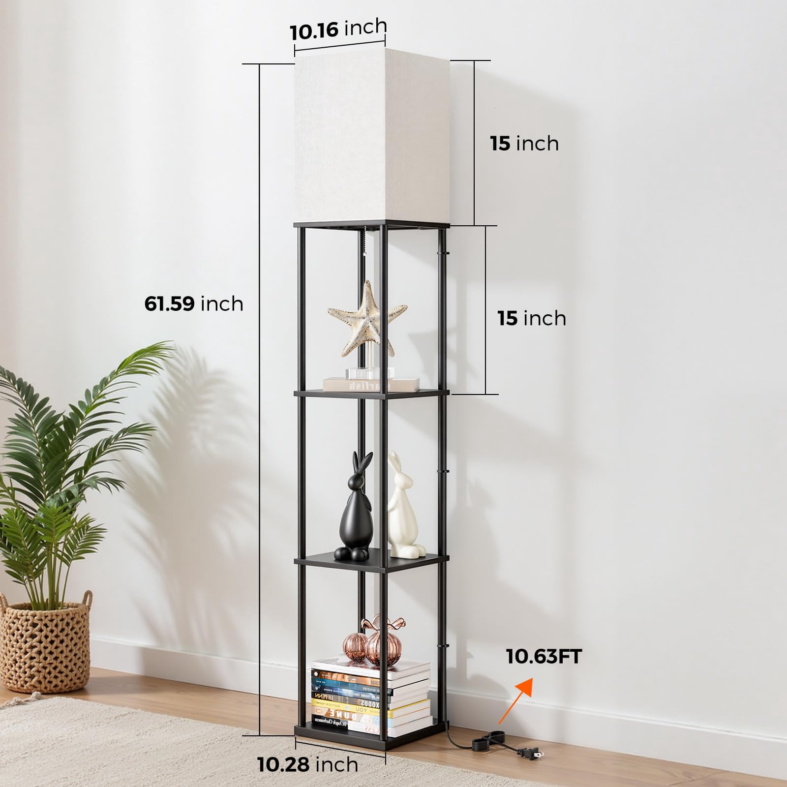 Black Square 3-tier Shelf Floor Lamp For Living Room Bedroom Corner