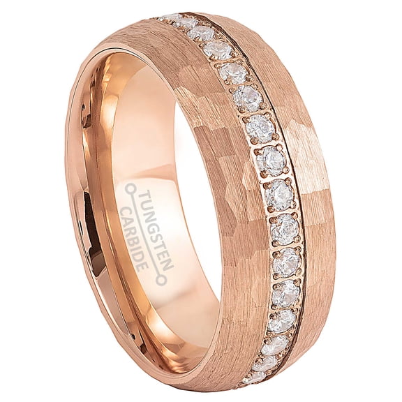 Jewelry Avalanche Dome Hammered Rose Gold IP Tungsten Mens Eternity Wedding Band, White CZ Anniversary Ring size 10