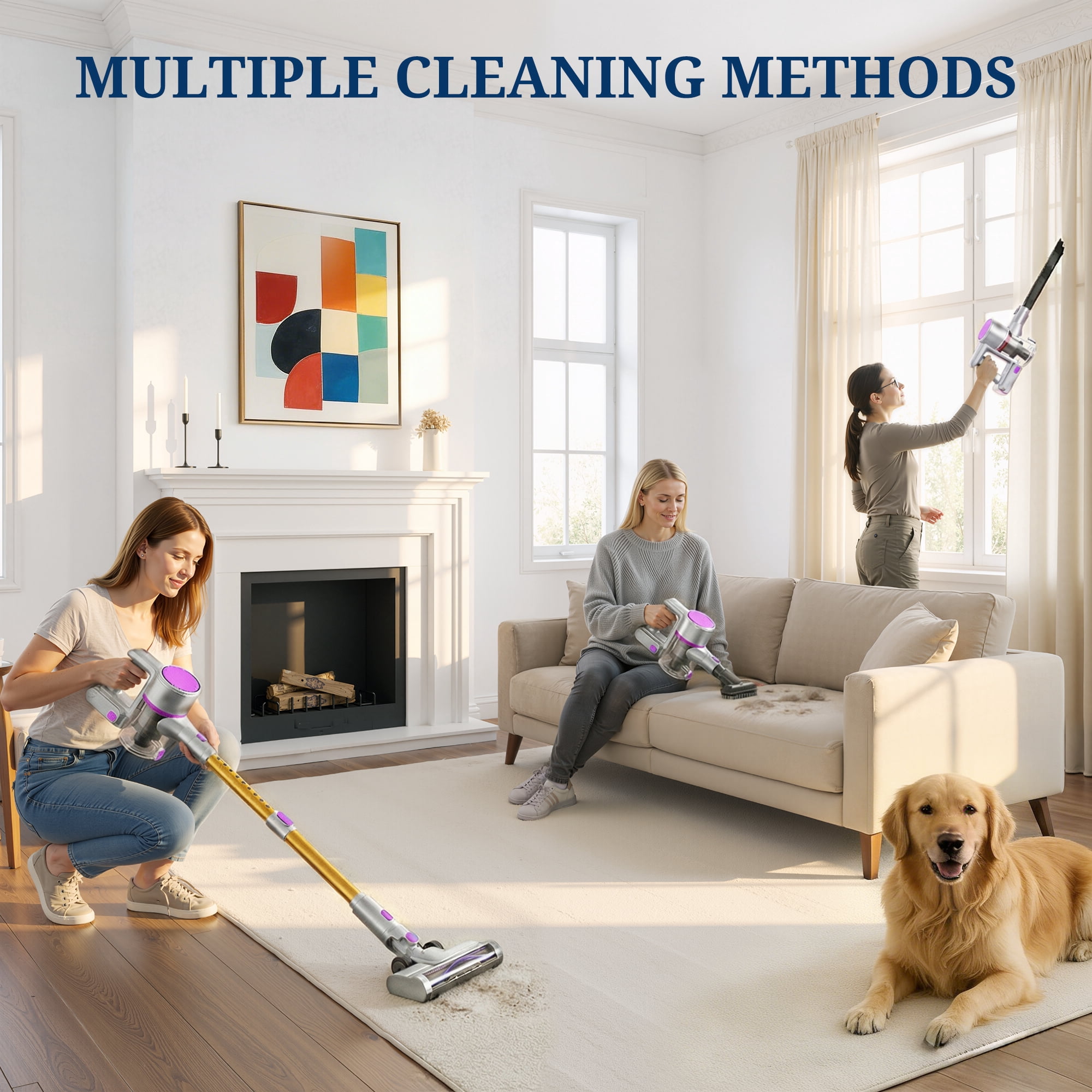 Atilioo Cordless Vacuum Cleaner for Home, Removable Handheld Lightweight Stick Vacuum with LED Headlights for Pet Hair, Hard Floor, Carpet, Yellow