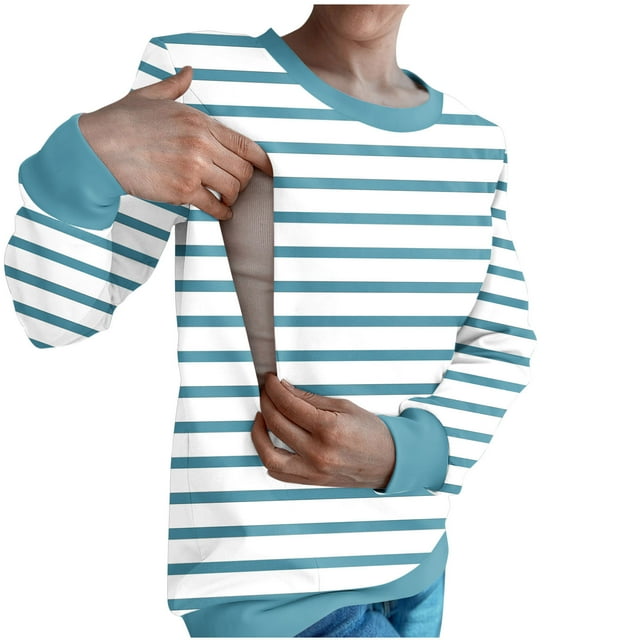 GreatBaby Hauts d'Automne Hiver pour Femmes Tendance à Manches Longues Col Rond Blouse d'Allaitement à Rayures Contrastées Chaude Confortable (Bleu Ciel, m)