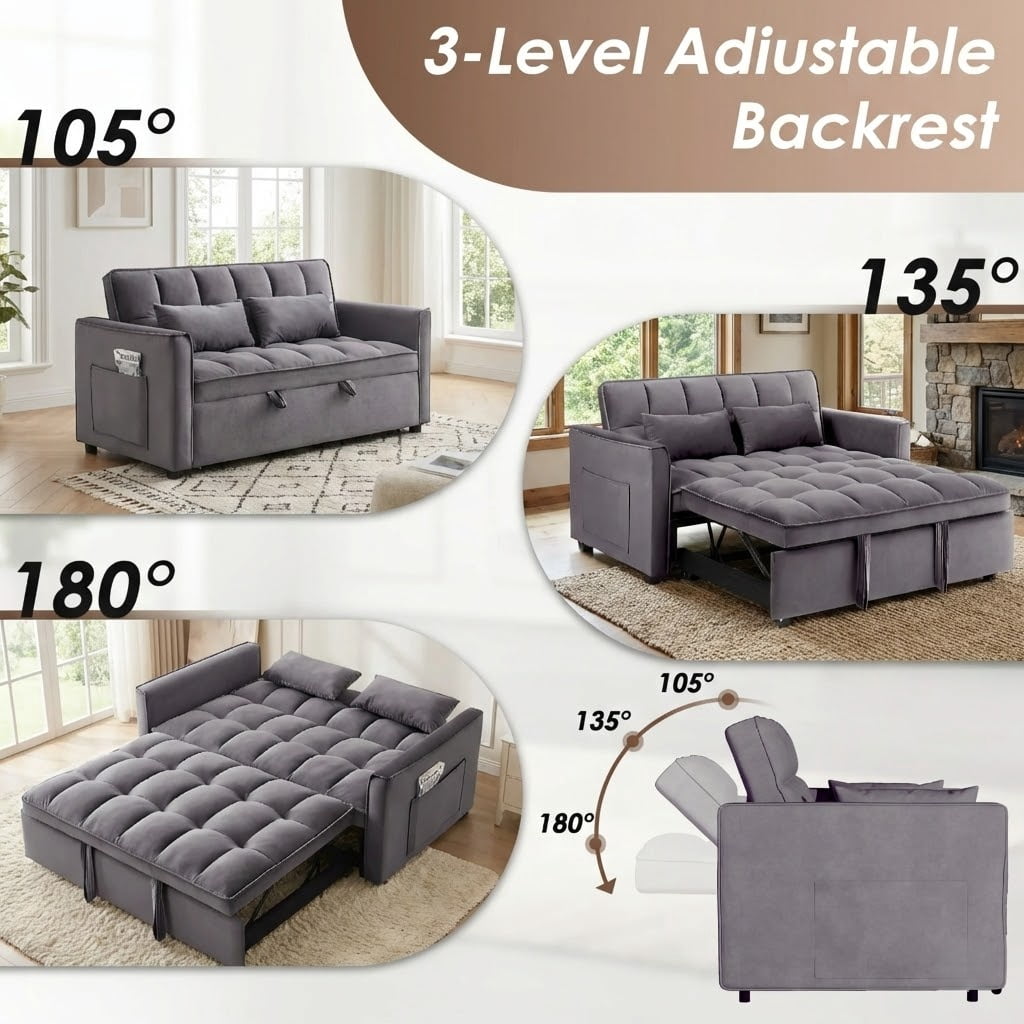 Xiweot Convertible Sleeper Sofa Bed, 55" Pull Out Couch with Side Pockets, 3 in 1 Velvet Loveseat Sofa with Adjustable Backrest for Living Room Bedroom Apartment (Dark Gray)