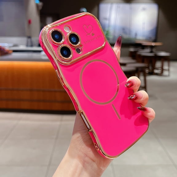 For iPhone 15 Pro Case for Women Girls [Compatible with MagSafe] Cute Curly Wave Shape, Magnetic Love Heart Pattern with Camera Lens Cover Luxury Plating Shockproof Phone Case,Rose