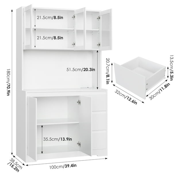 Homfa 70.9'' Kitchen Pantry Cabinet with Charging Station and LED Light, 3 Drawers Buffet Storage Cabinet with Glass Doors and Adjustable Shelves, White Homfa 70.9'' Kitchen Pantry Cabinet with Charging Station and LED Light, 3 Drawers Buffet Storage Cabinet with Glass Doors and Adjustable Shelves, White - Image 6