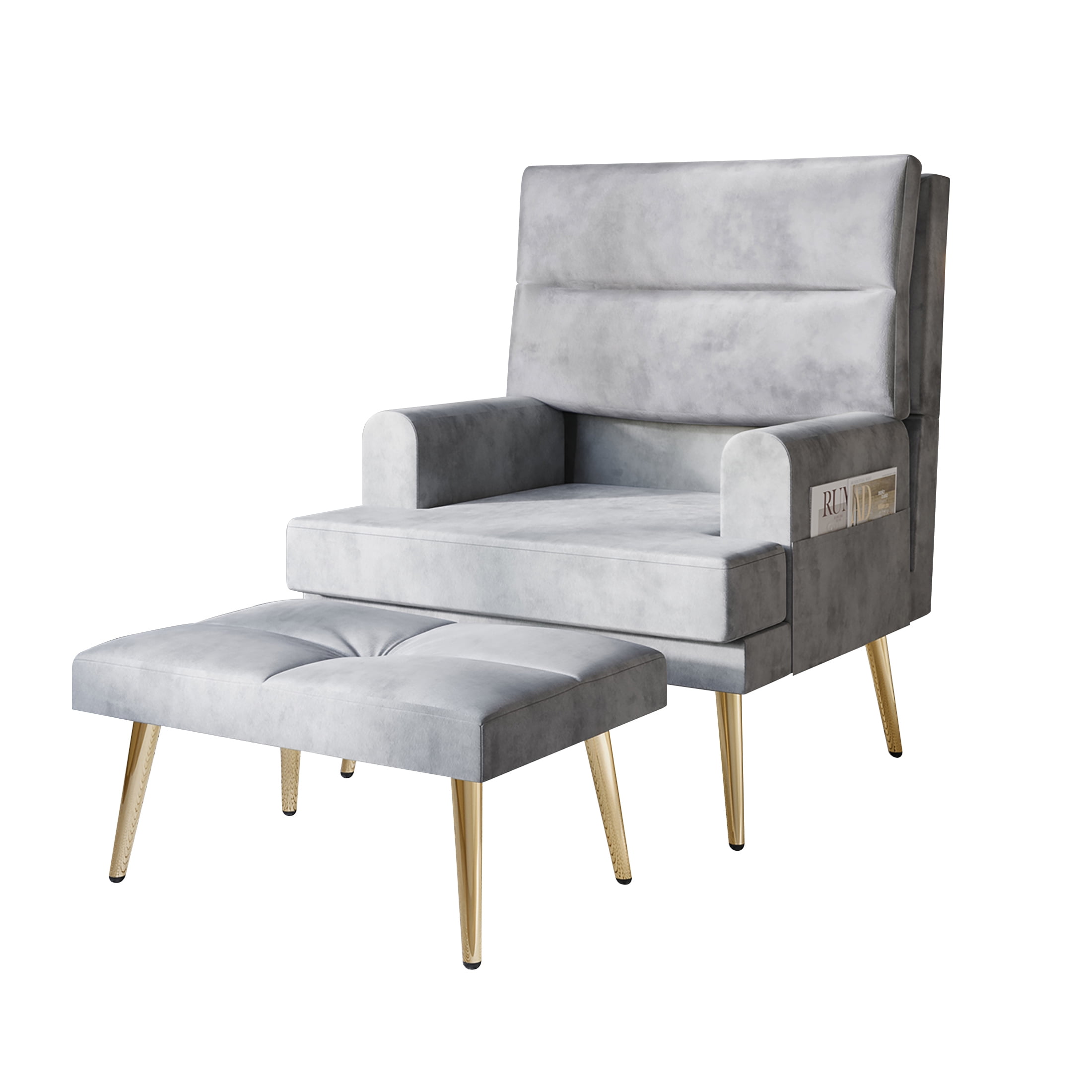 Castle Place Luxury Upholstered Velvet Accent Chair with Ottoman, Silver Grey