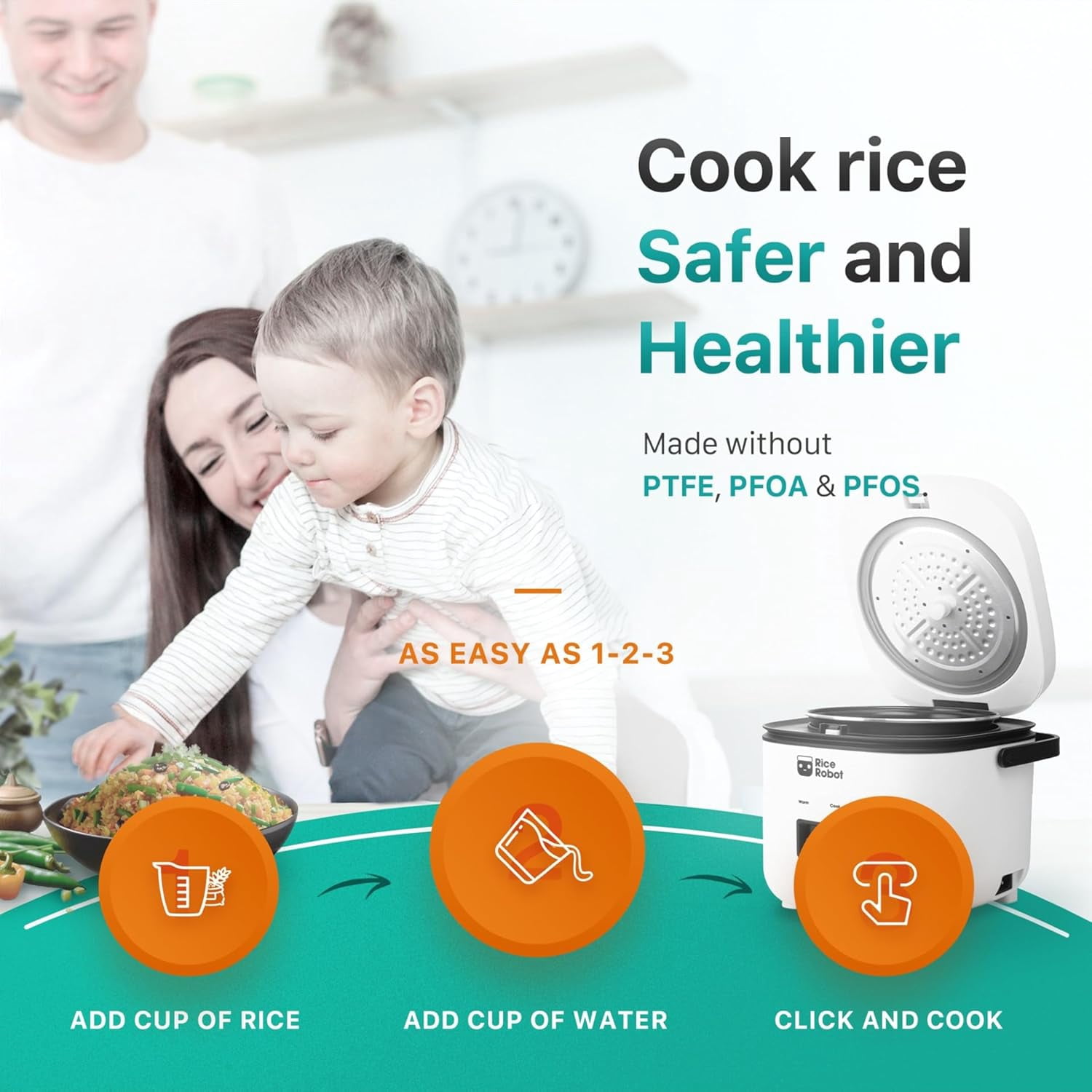 Open Box Rice Robot XL Rice Cooker – Family Size 4 Cup Uncooked (8 Cups Cooked) Electric Rice Maker, Ceramic Nonstick, Includes Stainless Steel Steamer Tray and Accessories | As Seen on TV