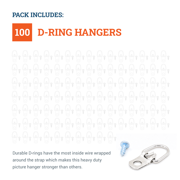 Picture Hang Solutions 1-Hole D-Ring Picture Frame Hangers, Steel, 10 lb Capacity, 100 Pieces, 1 1/4 x 5/8 Inch