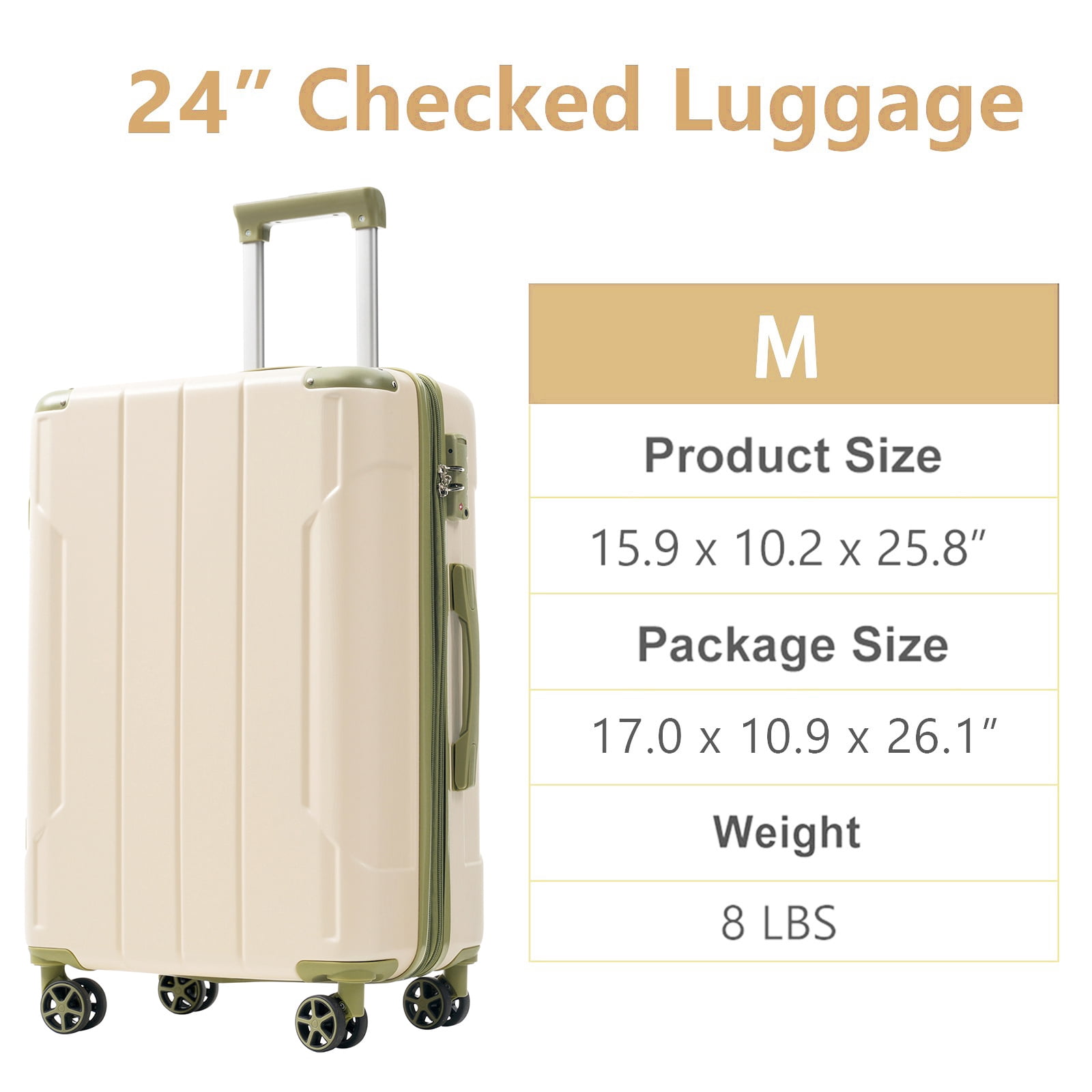 Hardshell Luggage, Lightweight Durable ABS Suitcases with Double Wheels, Expandable 24 Inch Checked Travel Luggage (White and Green)