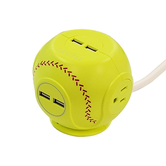 Accell Power Cutie - Compact Surge Protector with 3 Tamper Resistant 540J Surge Protected AC outlets and 4 USB-A Charging Ports, 6ft Cord, Softball Yellow, D080B-049D