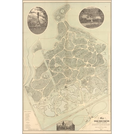 24"x36" Gallery Poster, Map of Spring Grove Cemetery Cincinnati ohio 1883