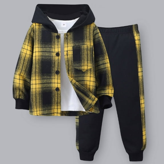 Toddler Boys Girls Outfit Plaid 2-Piece Set Hooded Long Sleeve Button Down Shirt and Sweatpants Fall Winter Casual Clothes 2-7 Years