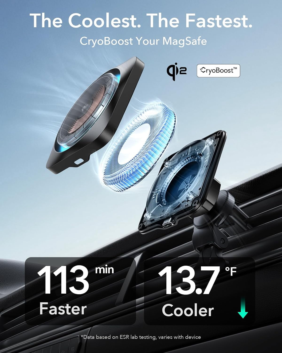 Qi2-Certified 15W MagSafe Car Mount Charger with CryoBoost, Phone Cooling MagSafe Car Charger, Air Vent/Dashboard Wireless Car Charging for iPhone 15/14/13/12(Not for iPhone16), Samsung S25