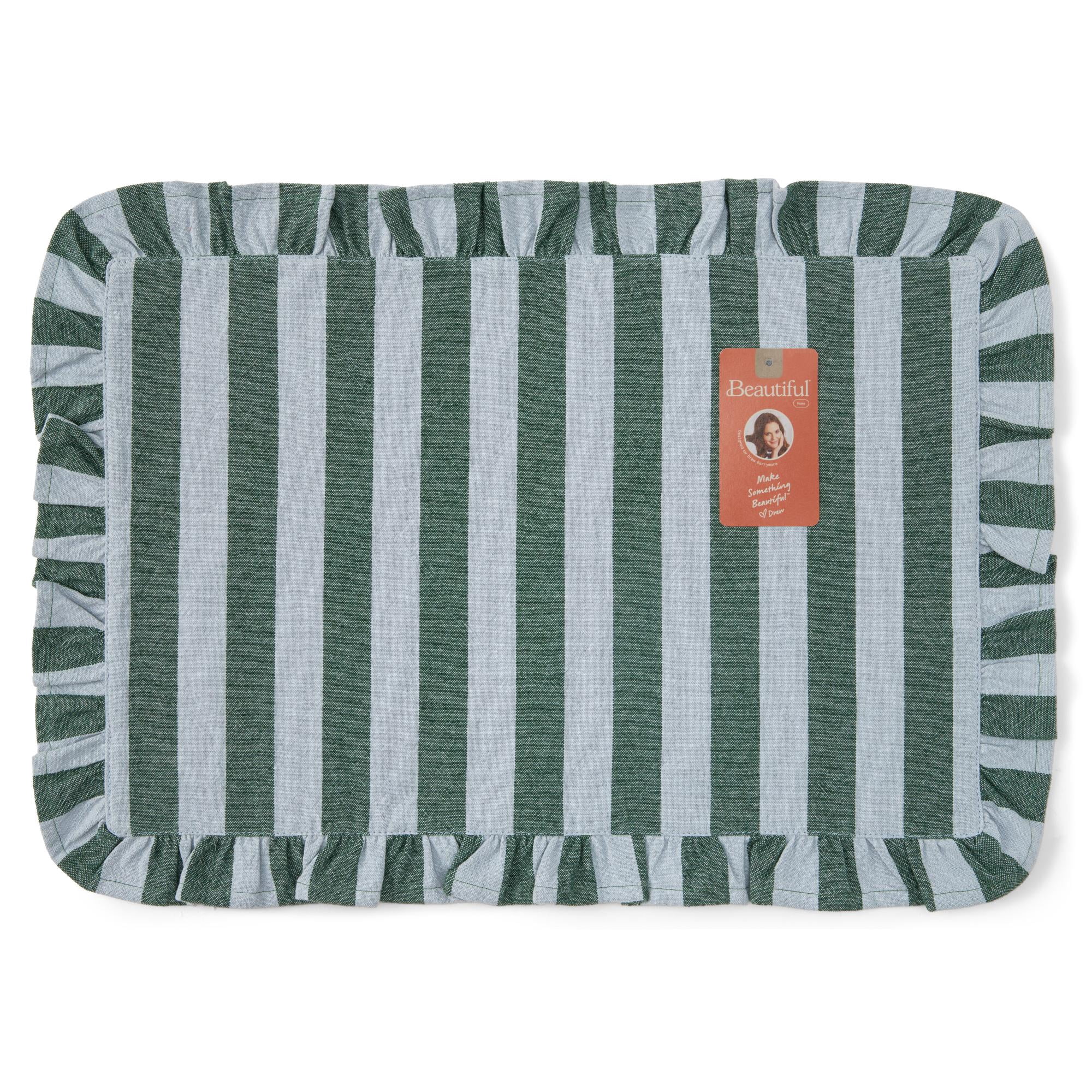 Beautiful Ruffle Stripe Fabric Placemat by Drew Barrymore, Cornflower Blue/Thyme Green, 20"W x 14"L