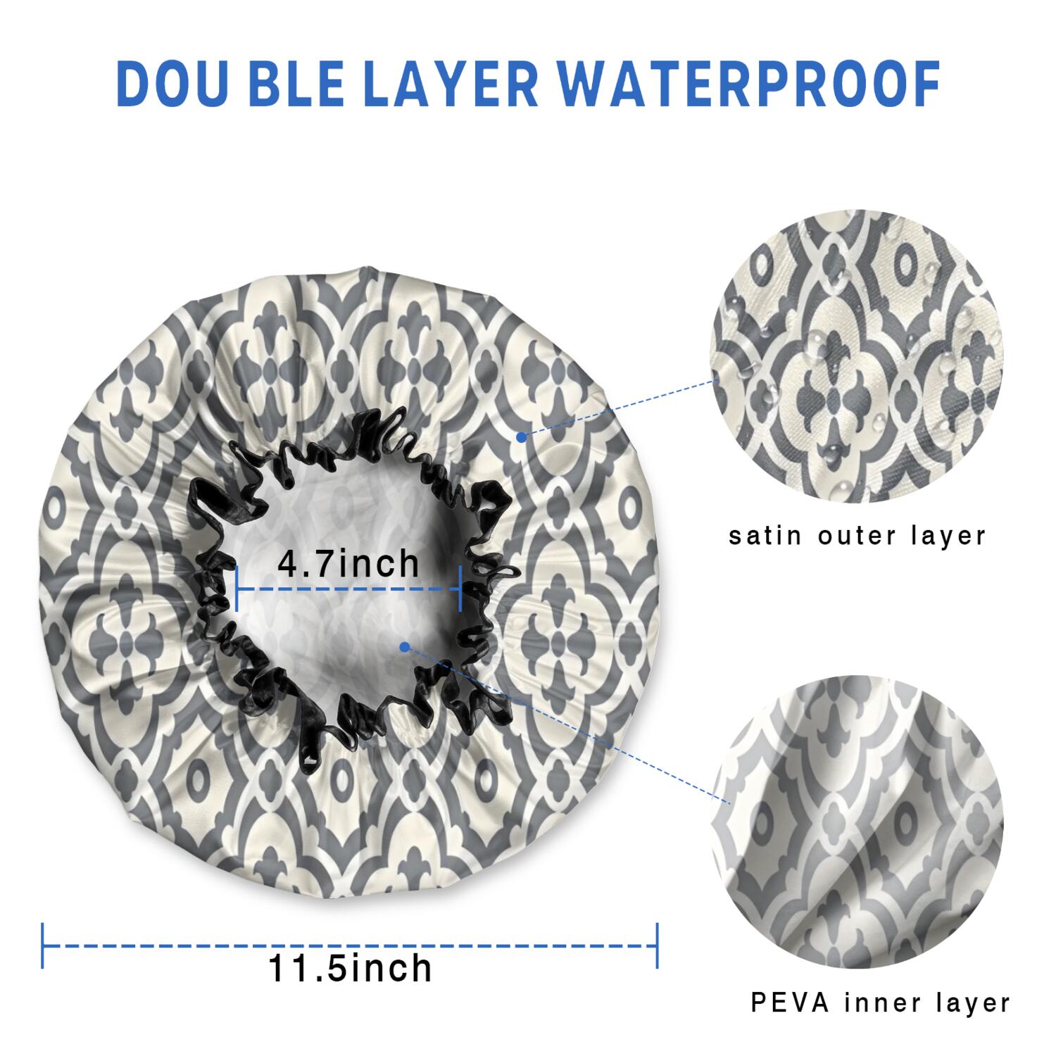 Shower Caps,Boho Gray and Beige Floral Ethnic Pattern Waterproof Shower Cap for Women 4 Pieces,Double Reusable Hair Cover for Shower PEVA Elastic Stretch Hem