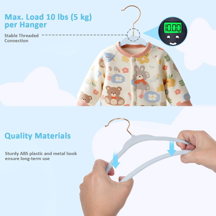Tonswachic Baby Velvet Hangers 30 Pack - 11 Inch Premium Felt Non Slip Kids Hanger for Infant & Toddler Clothes - 0.2" Slim Space-Saving Baby Felt Hangers for Children's Closet with 10 Clips - Beige