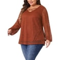 thumbnail image 4 of Agnes Orinda Women's Plus Size Top Double Layers Lace Long Sleeve V Neck Sheer Casual Blouse 1X Brick Red, 4 of 5