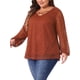 thumbnail image 4 of Blusa casual de mujer de talla grande Agnes Orinda, con doble capa, encaje, mangas largas, escote en V, transparente, tamaño 3X, color rojo ladrillo, 4 of 5
