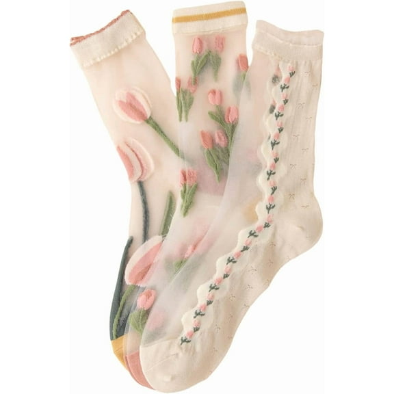 Women's 3 Pairs Sheer Mesh Socks Floral Thin Socks