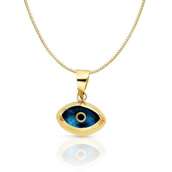 14K Yellow Gold Blue Evil Eye Charm Pendant with 0.6mm Box Chain Necklace