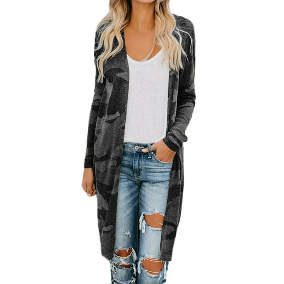 BODOAO Women's Kimonos for Women Camouflage Print Lightweight Cardigan Open Front Fall Long Cardigan Ladies Outerwear Womens Ladies Long Cardigan Camouflage Long Sleeve Coat Outerwear Black L