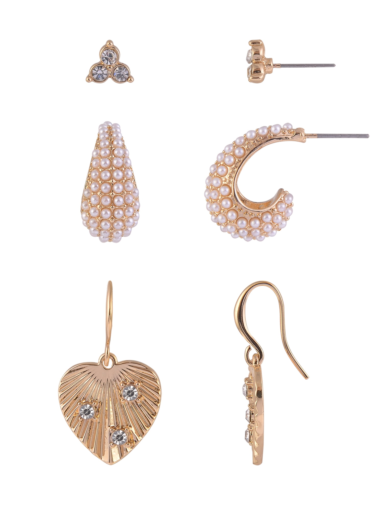 Time and Tru Women's Textured Heart Cry and Acrylic Pearls Goldtone 3pc Earring Set