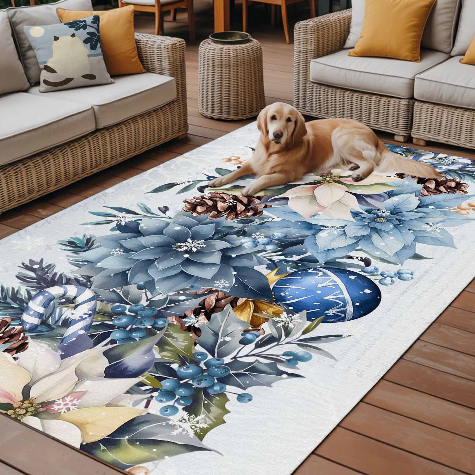 Fsddascl Blue Poinsettia Christmas Outdoor Rug for Patio/Deck/Porch, Non-Slip Large Area Rug 4 x 6 Ft, Xmas Botanical Balls Snowflake Indoor Outdoor Rugs Washable Area Rugs, Camping Rug Carpet Runner