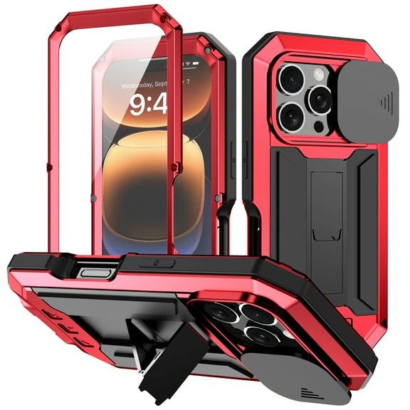 for iPhone 16 Pro Rugged Case with Camera Lens Sliding Cover, Screen Protector [Built-in Kickstand] [Military-Grade Triple-Layers Protection] Heavy Duty Full Body Shockproof Phone Case, Red