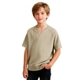thumbnail image 6 of Boys V Neck Waffle Knited T Shirts Short Sleeve Summer Tees Kids Teen Loose Fit Soft Basic Youth Tops 4-14Y, 6 of 8