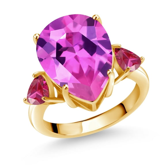 Gem Stone King 11.56 Ct Pink Created Sapphire Red Created Ruby 18K Yellow Gold Plated Silver Ring (Size 7)