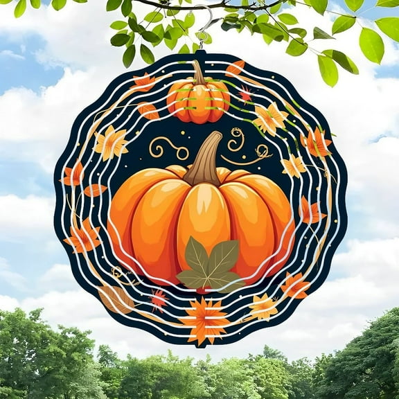 Metal Hanging Wind Spinners with Concentric Wavy Lines - Festive Autumn Pumpkin Design for Yard and Garden Decor