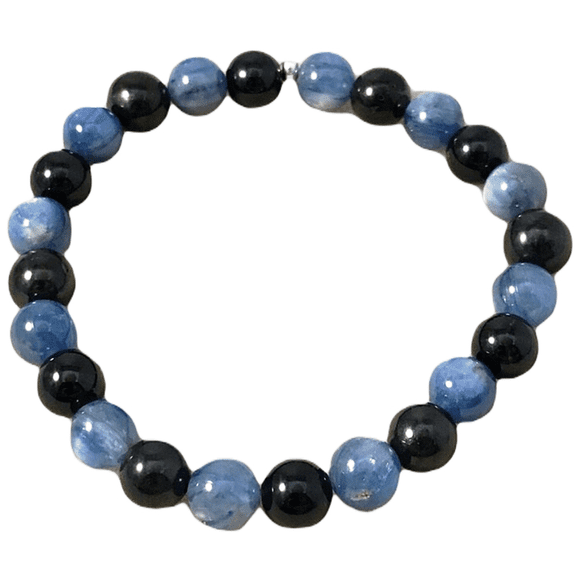 Natural Blue Kyanite, Shungite & Black Tourmaline 8mm Round Shape Smooth Cut Beads Stretchable Bracelet for Men & Women.